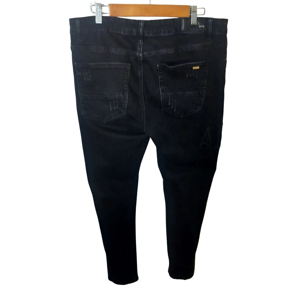 Amiri Mens Distressed Logo Denim Jeans Black Ripped Slim Fit‎ Streetwear 36x34